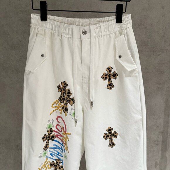 Chrome Hearts Leopard Suede Cross White Trousers - Picture 3 of 8